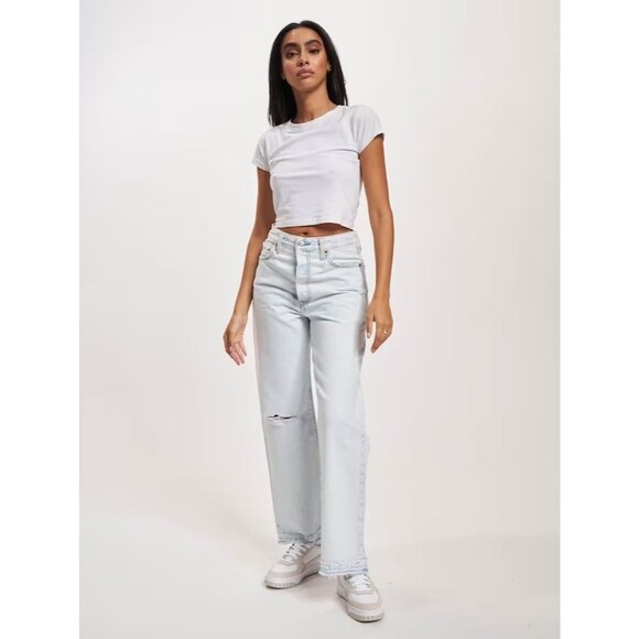 Levis Premium Women Denim Jean 28 Ribcage Straight Ankle Blue High Rise Wide Leg - Picture 14 of 16